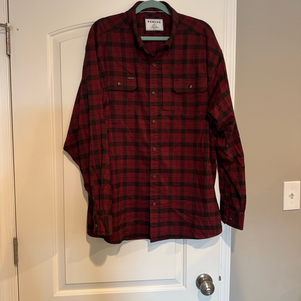 Poncho Dark Red and Black Plaid Shirt
